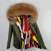 Furlove Fashion Women's Natural Futro Lined Coated Coat Mini Parkas Duży Raccoon Fur Collar Outwear Zimowa Kurtka