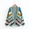 2018 nouveau cardigan femme automne et hiver tricoté à la main couleur couture contraste couleur torsion lâche pull manteau col en V cardigan