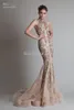 Nieuwe Champagne Mermaid Prom Jurken Hoge Juweel Hals Kant Applique Illusion Button Back Formal Party Toga Formele Avondjurken Custom