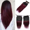 Brazilian Ombre Burgundy Human Hair Bundles With Closure Colored 1B/99J Brazilian Straight Virgin Hair Weave Extensions With Lace Closure