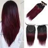 Feixes de cabelo humano brasileiro ombre bordô com fecho colorido 1B/99J extensões de cabelo virgem liso brasileiro com fecho de renda