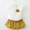 Girls' round collar flying sleeves T-shirt with flower+ shorts two pieces clothes set children outfits kids boutiques suits