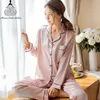 Silk Satin Pyjamas Set Women Plus Size M5xl långärmad sömnkläder Kvinna Sleep Two Piece Set Loungewear Shirtspants Pyjamas6863128