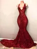 Red Blingbling Sequins Prom Klänningar 2022 Ärmlös Mermaid Plunging V Neck Black Girl Prom Dress Evening Party Gowns