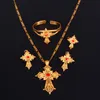 Ethiopian Stone Cross Jewelry Set Gold Color Necklace Earrings Ring Bangle Africa Dubai Bridal Wedding Sets
