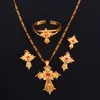 Ethiopian Stone Cross Jewelry Set Gold Color Necklace Earrings Ring Bangle Africa Dubai Bridal Wedding Sets