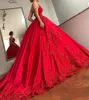 2021 Gorgeous Ball Gown Red Evening Dresses Wear Spaghetti Straps Keyhole Gold Lace Appliques Beads Backless Court Train Prom Party Gowns