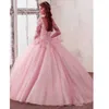 Ny Quinceanera Pageant Ball-klänning Långärmad klänningar Prom Party Dresses Pink Tulle Applique Lace Sexy 16 Dresses Dh4066