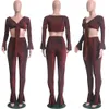 High Elastic Autumn 2 Piece Set V Neck Long Sleeve Bow Tie Crop Top Shiny Skinny Flare Pant Women Clothing Two Piece Sets
