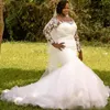 Plus Size Sereia Vestidos de Casamento Sheer Neck Manga Longa Lace Appliqued Vestidos de Noiva Charmoso Sul Africano Fofo Vestidos de Casamento Em Camadas