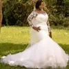 Plus Size Syrenki Suknie Ślubne Sheer Neck Z Długim Rękawem Koronki Appliqued Suknie Ślubne Urocze South African Fluffy Wielopięciowe suknie ślubne