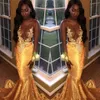 2018 Velvet Sexy Sheer Neck Syrenki Prom Dresses Gold Aplikacje Afryki Czarne Dziewczyny Formalne Dresses Plus Size Suknie wieczorowe Vestidos de Festa