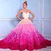 Gorgeous Ombre Fuchsia Evening Dresses Sexy Spaghetti Puffy Ruffles Sweep Trian Prom Party Dress Bridal Vestidos Red Carpet Evenin259J