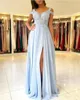 Sexy Cheap Sky Blue Bridesmaid Dresses For Wedding Chiffon Off Shoulder A Line Lace Appliques Side Split Formal Party Maid Of Honor Gowns