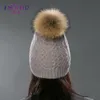 Enjoyfur Winter Pur Pompom Chapéu para Mulheres Cashmere Lã Chapéu de Algodão Grande Grande Raccoon Pompom Beanies Bobble