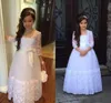 Damas de honra júnior vestidos uma linha ilusão lace mangas cristais de chão comprimento flor menina vestido com encantador arco feito sob encomenda