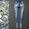 نساء أحجار الراين الماسي الجينز جينز جينز سراويل نحيفة امتداد بالإضافة إلى الحجم قلم رصاص سليمة قديمة
