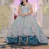 Magníficos vestidos de noche de color azul cielo con hombros descubiertos Cuentas de lujo Apliques florales en 3D Vestido de fiesta de encaje Vestido de fiesta Glamorous Feather Prom Dres