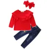 2017 Brand New Toddler Infant Kids Baby Girl Solid T-shirt Topy Denim Jeans Spodnie 3 sztuk Zestawy Moda Ubrania Jesień Outfit 2-7T