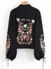 Zaful outono inverno turtleneck mulheres floral bordado malha camisola lanterna manga black knitwear pullores pull femme