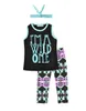 Newest Girls Korean Children Clothing Sets Short Sleeve Tshirts Pants Headwear 3 Piece Set Letters Arrow Kids Clothes Suits Clothing