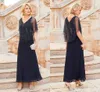 New 2018 Mother Off Bride Groom Dresses Chiffon Navy Blue V Neck Beading Crystal Short Cap Sleeves Tea Length Mother's Formal Gowns