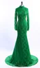 Verde esmeralda vestido de baile à noite do vintage longo pescoço alto com mangas rendas corpete bainha zíper de volta trem da varredura vestidos formais baratos
