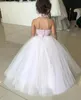 Newest Two Pieces Girls Pageant Dress High Neck Beaded Lace Appliques Puffy Tulle Floor Length Flower Girl Dress Kids Formal Gowns