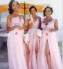 Robes de demoiselle d'honneur rose blush bon marché 2017 Sexy pure bijou cou dentelle appliques robes de demoiselle d'honneur fendues robes de soirée formelles porter