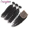 Braziliaanse Maagd Haar Bundels met Sluiting Body Wave Diepe Golf Kinky Krullend Nat en Golvend Haar Weeft Sluiting 3 bundels Vetersluiting van echt haar