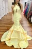 Light Yellow Mermaid Prom Dresses Halter Tiered Taffeta Backless Long Prom Dresses Simple Sexy Evening Dresses Sweep Train