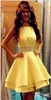 Sexy Satin Yellow Beads Homecoming Dresses Sequins Cross Straps Back Arabic Bridesmaid Short Prom Dress Cocktail Party Club Wear Graduation