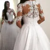 Lace A Line Wedding Dresses With Sheer Long Sleeves Crew Neckline Tulle Floor Length Bridal Gowns Custom Made Wedding Vestidos