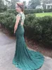 Real Image Luxury Evening Dresses Dark Green Chiffon Mermaid Prom Party Gowns Sheer Jewel Neck Capped Sleeves Sequins Beads Embroidery Dress