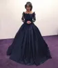 Fall Winter Navy Blue Long Sleeve Prom Dresses Bateau Lace Satin masquerade Ball Gowns African Evening Formal Dresses HY4046