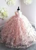 ピンクの花の女の子のドレス2019 3Dフローラルプリンセスリトルガール誕生日パーティーフォーマルガウンスイープトレインvestidos Primera Comunion Para Ninas