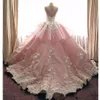 Charming Pink Ball Gown Wedding Dresses Spaghetti Strap Lace Appliqued Bridal Gowns Ruffles Long Train Robe De Mariee