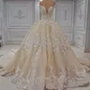 Light Champagne Long Wedding Dress Off Shoulder Beads Applique Handmade Flowers Bridal Gowns Amazing Dubai Ball Gown Wedding Dresses