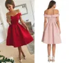 2019 Simple Red Satin Short Prom Dresses With Ruffles Off Shoulder Knee Length Short Party Dresses Custom Made Cheap Short Evening Dresses