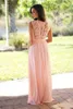 Long Blush Pink Lace Chiffon Bridesmaid Dresses Sheer Neck Lace Top dragkedja bakre golvlängd Maid of Honor Wedding Gästklänningar HY166