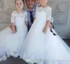 Beyaz Fildişi Balo Uzun Kollu Çiçekler Kız Elbiseler Düğün Dantel Için Dantel İlk Communion Elbise Pageant Elbiseler Yay Ile