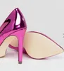 2018 новый летний женщины зеркало кожа высокие каблуки ярко-розовый насосы тонкий каблук партия обувь скольжения на насосы точка toe платье обувь