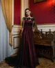 Elegant Bury Evening Dresses Appliqued Sheer Bateau Neck Buttons Back Prom Gowns With Half Sleeves Plus Size Tulle Formal Dress 407