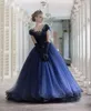 Navy Blue Puffy Vestidos 15 anos Organza Cap Sleeve Beaded Applique Quinceanera Dresses For Girls Princess Evening Formal Party Gowns 2019