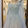 2022 Blue Off the Shoulder Wedding Dresses With Lopagble Cape Pärlor Pärlor Applique Elegant Lace-Up Back Bridal Wedding Clows Real Photo