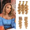 Body Wave 27# Colored Hair Bundles with Closure Malaysian Peruvian Brazilian Blonde Virgin Human Hair Weave with 4X4 Lace Closure