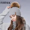 Furtalk Real Fox 모자 모자 큰 너구리 폼 폼 모자 knitte beanie 캡 스프링 가을 여자 겨울 모자를위한 겨울 모자 D18110102