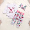 Новорожденный девочка одежда олень цветочные ползунки топы брюки оголовье 3 шт. младенческой одежда набор девочек рождественские наряды хлопок Детская одежда