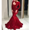 화려한 붉은 고리로 묶인 댄스 파티 드레스 빛나는 보석 목 긴 소매 인어 파티 드레스 2018 섹시한 두바이 사우디 아라비아 연예인 이브닝 가운