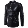 Helisopus Moda Punk męskie Koszule Elastyczna Metalowa Shiny Koszula Z Długim Rękawem Slim Fit Motobiker Styl Pvc Leather Shirts Mężczyźni